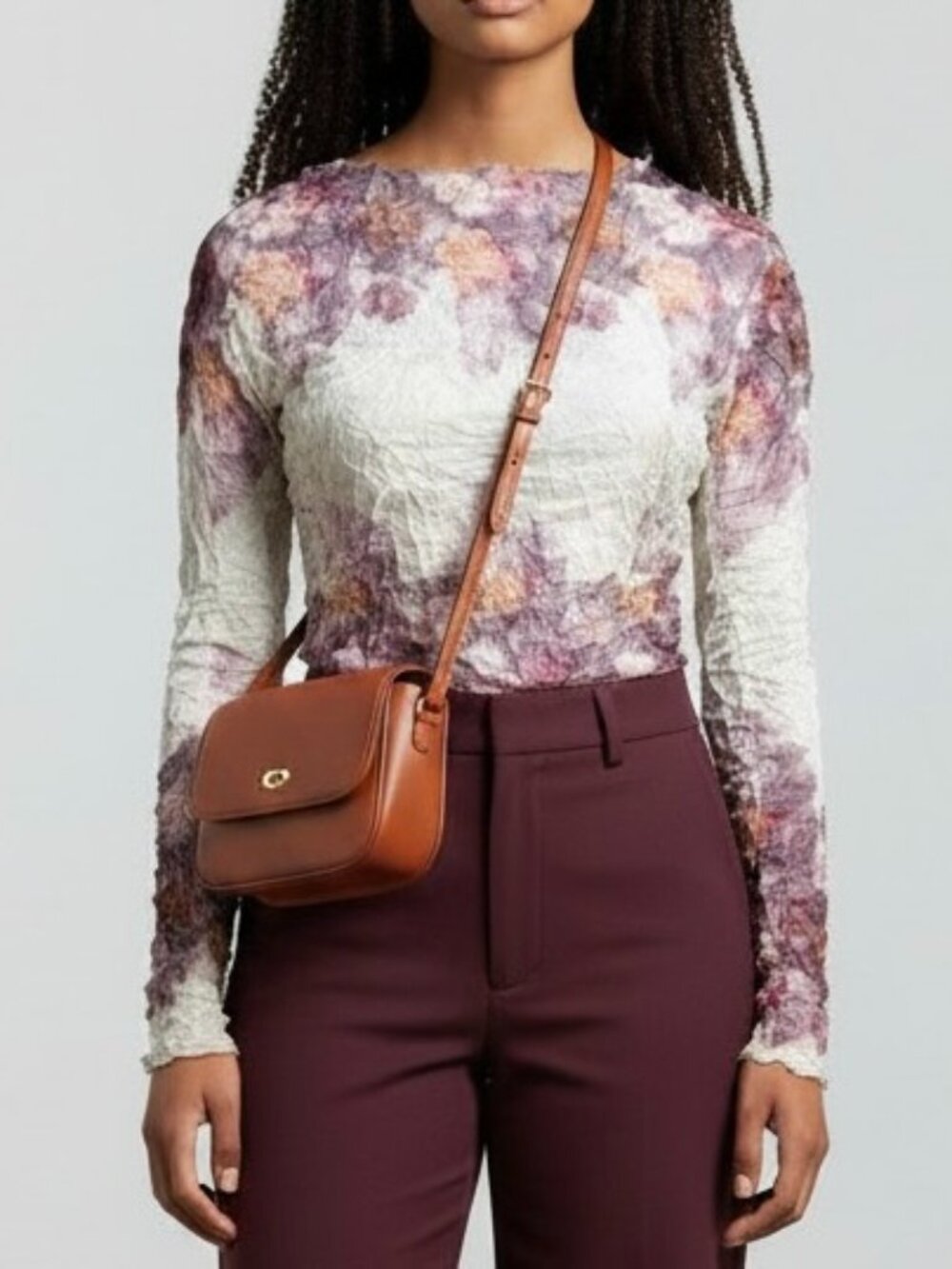 Desigual Sheer Top Muted Floral Textured Arty Pattern Blush Burgundy (M)